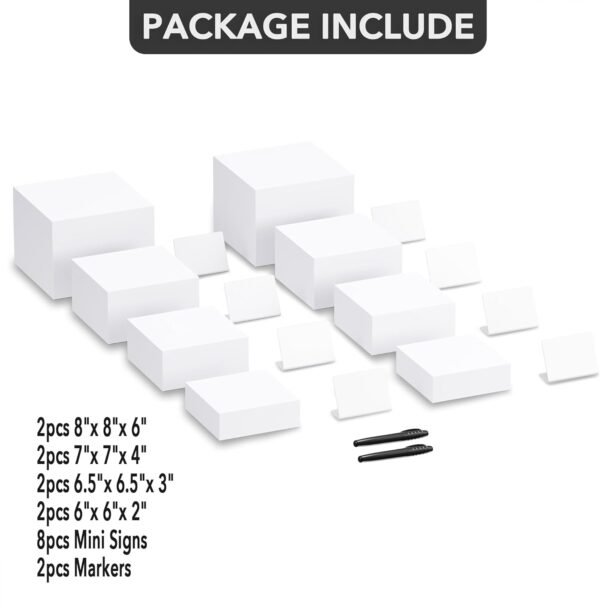 oem/odm buffet risers with mini signs, food risers for buffet table, display stand for catering dessert, white acrylic cube boxes nesting risers with hollow bottoms (white, 2 set (6", 6.5", 7", 8'')) wholesale supplier & factory