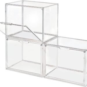 oem/odm clear stackable plastic storage bins with magnetic lid, dustproof book & cosmetic display cases, large figures collectibles showcase, shoe box, protection organizer (transparent, l-3 pack) wholesale supplier & factory