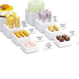oem/odm buffet risers with mini signs, food risers for buffet table, display stand for catering dessert, white acrylic cube boxes nesting risers with hollow bottoms (white, 2 set (6", 6.5", 7", 8'')) wholesale supplier & factory