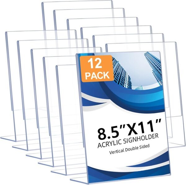 oem/odm 12 pack acrylic sign holder 8.5 x 11, clear plastic display stands for tabletop, l-shape acrylic stands for flyers, documents, office, restaurants, vertical sign holder 8.5x11 for desktop wholesale supplier & factory