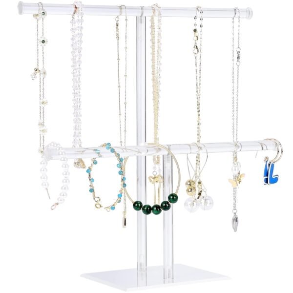 oem/odm jewelry stand necklace holder, acrylic jewelry display holder, necklace and bracelet hanging organizer, clear 2-tier tower stand for bangles, necklaces, bracelets, rings, earrings and watch wholesale supplier & factory