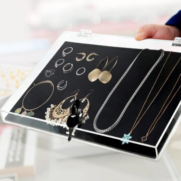 oem/odm weysat acrylic locking display case for jewelry, clear rectangular display box security showcase safe box with lock and key black padding for jewelry selling collector watches knives wholesale supplier & factory