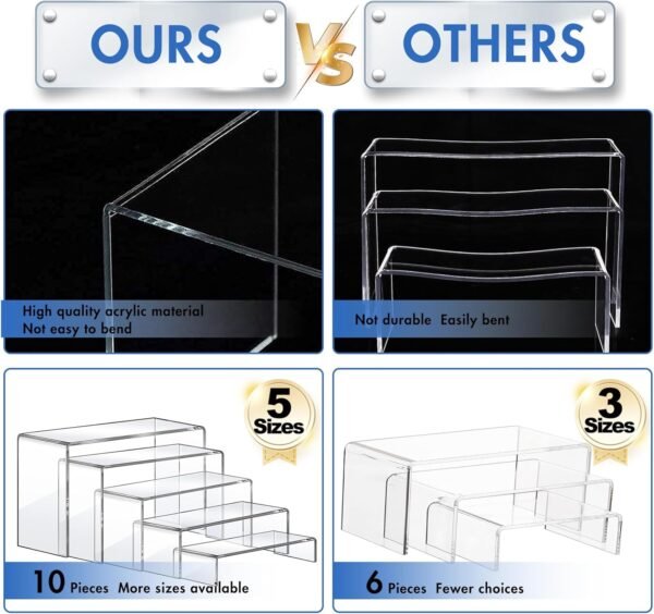 oem/odm aheroi large acrylic risers, 10 pcs 2 set(7”l~8”l~9”l) riser display shelf, clear rectangular display stands set, transparent shelves for decor, showcase holder for cupcake wholesale supplier & factory