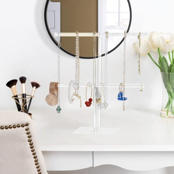 oem/odm jewelry stand necklace holder, acrylic jewelry display holder, necklace and bracelet hanging organizer, clear 2-tier tower stand for bangles, necklaces, bracelets, rings, earrings and watch wholesale supplier & factory