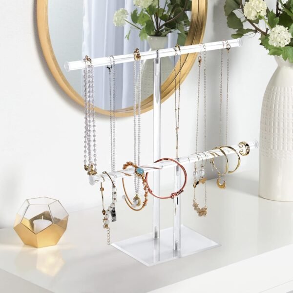 oem/odm jewelry stand necklace holder, acrylic jewelry display holder, necklace and bracelet hanging organizer, clear 2-tier tower stand for bangles, necklaces, bracelets, rings, earrings and watch wholesale supplier & factory