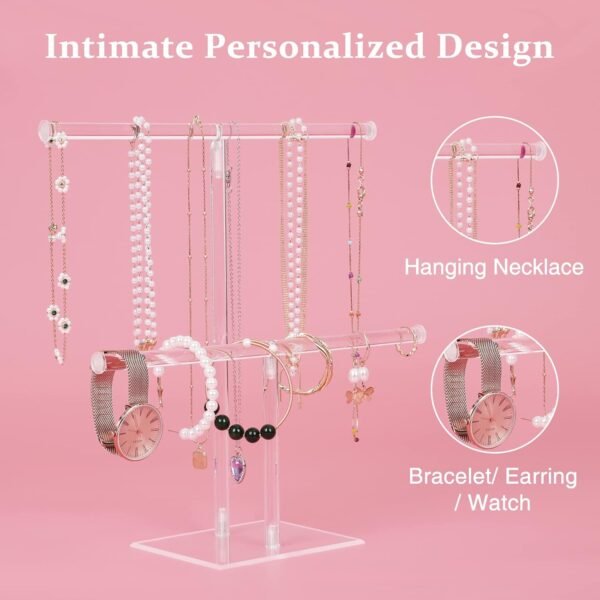 oem/odm jewelry stand necklace holder, acrylic jewelry display holder, necklace and bracelet hanging organizer, clear 2-tier tower stand for bangles, necklaces, bracelets, rings, earrings and watch wholesale supplier & factory