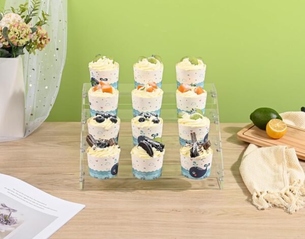 oem/odm 12" acrylic riser display stands - 4 tier clear acrylic display shelf, double sided usable, makeup organizer perfume organizer, acrylic shelves for funko pop figures , cupcake, candy food wholesale supplier & factory