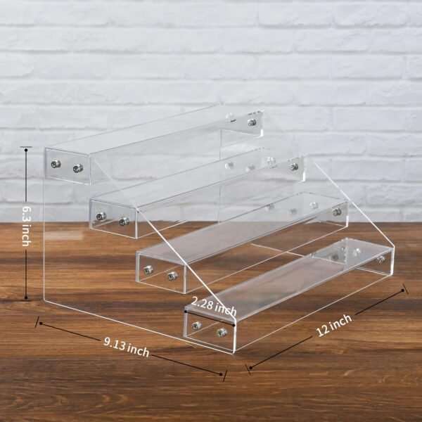 oem/odm 12" acrylic riser display stands - 4 tier clear acrylic display shelf, double sided usable, makeup organizer perfume organizer, acrylic shelves for funko pop figures , cupcake, candy food wholesale supplier & factory