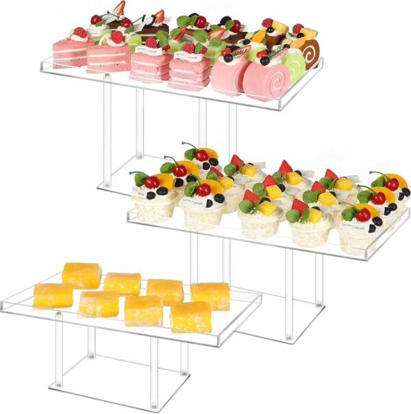 oem/odm 3 pack dessert table display set, clear acrylic dessert stands buffet risers for cupcakes dessert pastry food treat tier cookie dessert platter serving trays stand for wedding birthday party wholesale supplier & factory
