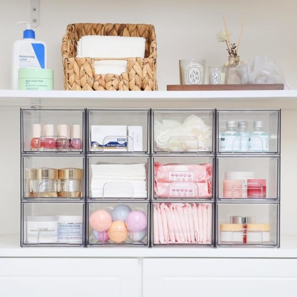oem/odm vtopmart 4 pack clear stackable storage drawers, 4.4'' tall acrylic bathroom makeup organizer,plastic storage bins for vanity, undersink, kitchen cabinets, pantry, home organization wholesale supplier & factory