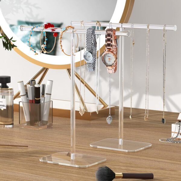 oem/odm jewelry stand necklace stand 2 tower, clear necklace holder jewelry holder, acrylic jewelry organizer, bracelet hanging organizer, display stand for bangles, rings, earrings and watch wholesale supplier & factory