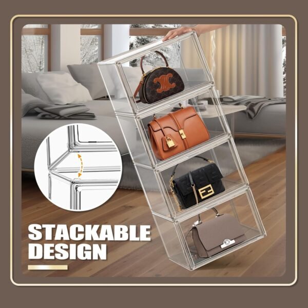 oem/odm 4pack clear stackable plastic storage bins with magnetic lid, acrylic shoe display case for book cosmetic figures collectibles showcase, shoe box handbag organizer wholesale supplier & factory