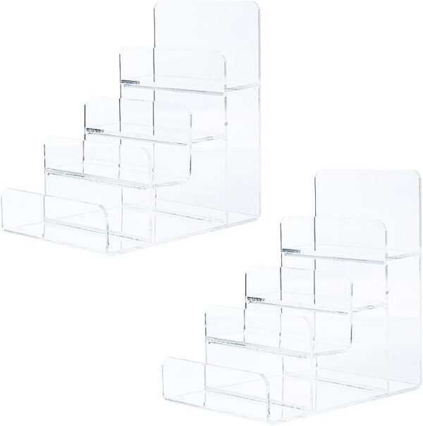 oem/odm acrylic wallet display stand purse handbag organizer, clear jewelry riser display stand purse display rack, acrylic display shelf for cosmetic perfume jewelry sunglasses handbag (2 pcs-4 tier) wholesale supplier & factory