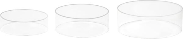 oem/odm red co. set of 3 sizes (10", 8", 7") acrylic round cylinder display nesting riser stands with hollow bottoms, crystal clear wholesale supplier & factory