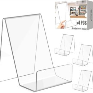 oem/odm 4 pack acrylic book stands for display, clear book holder display stand, 4inch small easel picture stands for display, acrylic display stands for vinyl, photo, postcard, magazine (with protectivefilm) wholesale supplier & factory