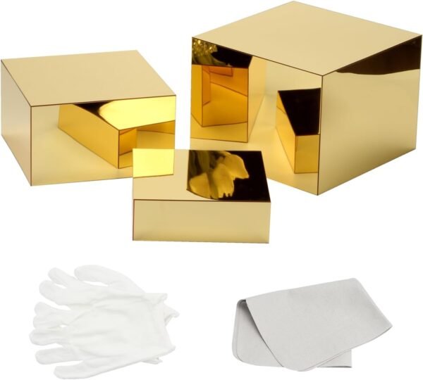 oem/odm 3 pcs acrylic display nesting riser stands, mirror gold acrylic risers for display cube box stereoscopic display stand, acrylic food display risers for catering dessert jewelry character party wholesale supplier & factory