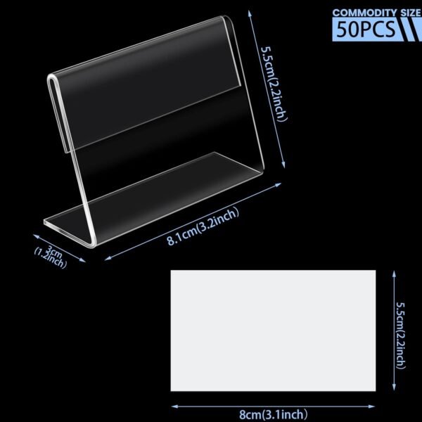 oem/odm billioteam 50pack mini clear sign display holder with blank labels,3.2*2.2 inch horizontal slanted l-shape plastic name card price card tag label counter top stand wholesale supplier & factory