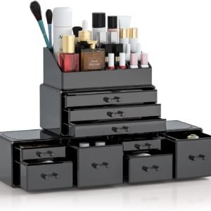 oem/odm dreamgenius makeup organizer 4 pieces, acrylic makeup storage box with 9 drawers for lipstick jewelry and makeup brushes, stackable vanity organizer for dresser and bathroom countertop, black wholesale supplier & factory