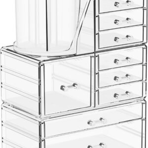 oem/odm 3 pack clear makeup organizer & cosmetic storage cases for vanity,bathroom,dresser countertop,cute skincare organizers with brush holder & acrylic makeup storage organizer for beauty products,lipstick wholesale supplier & factory