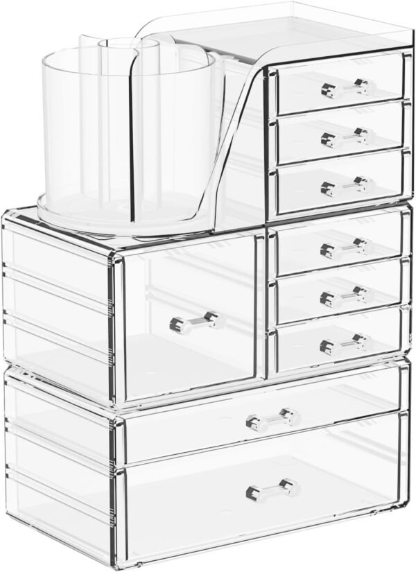 oem/odm 3 pack clear makeup organizer & cosmetic storage cases for vanity,bathroom,dresser countertop,cute skincare organizers with brush holder & acrylic makeup storage organizer for beauty products,lipstick wholesale supplier & factory