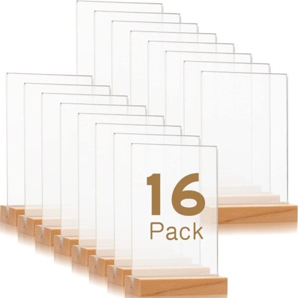 oem/odm vinsot 16 pack clear acrylic sign with wood base t shape sign holder vertical acrylic blank stands desktop display plastic menu frames double sided flyer stand for wedding restaurant party decoration wholesale supplier & factory