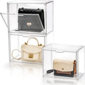 oem/odm avla 3 pack plastic handbag storage organizer for closet, clear acrylic display case with magnetic door, luxury stackable purse clutch organization, assemble collectibles boxes for wallet, book, toys wholesale supplier & factory