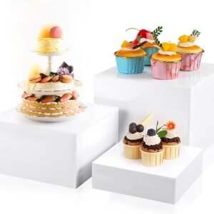 oem/odm 3pcs buffet risers, food risers for buffet table, catering supplies buffet display for catering collectibles white acrylic cube boxes nesting risers with hollow bottoms, 6,7,8'' wholesale supplier & factory