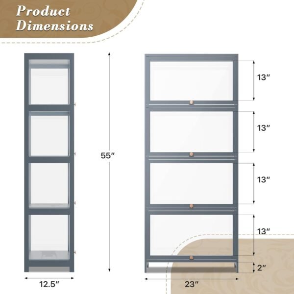 oem/odm curio display cabinet with acrylic doors, 4-tier clear display case 55” hight display shelf for trophy figures curio collectibles for living room bedroom, grey wholesale supplier & factory
