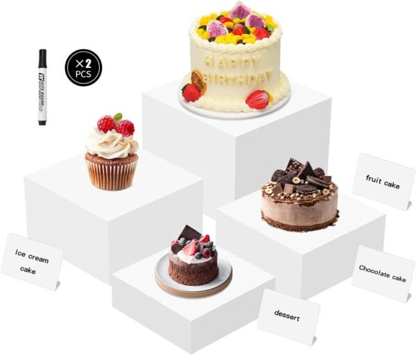 oem/odm acrylic buffet risers, 4 pcs risers display stands, food risers for buffet table, acrylic display cube box, white nesting risers for display dessret cupcake collectibles jewelry, with 4 mini signs wholesale supplier & factory