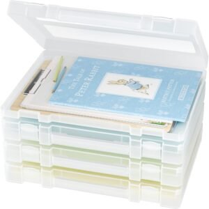 oem/odm denkee large paper storage box, 4 pack plastic scrapbook paper storage organizer with handle for a4, 8.5 x 11 us letter, portable file document case, board game storage wholesale supplier & factory