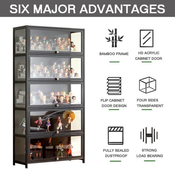 oem/odm 5-tier display cabinet with acrylic glass doors, 64” transparent bamboo curio display case for figures, display shelves for collectibles & kids bookcase for home, office, playroom, living room wholesale supplier & factory