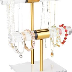 oem/odm necklace holder bracelet holder, 2-tier acrylic jewelry display stand gold jewelry tower stand crystal t bar jewelry organizer gift for women(2-tier 1pc) wholesale supplier & factory