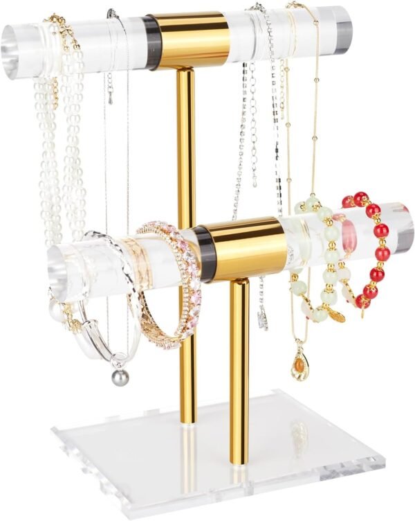 oem/odm necklace holder bracelet holder, 2-tier acrylic jewelry display stand gold jewelry tower stand crystal t bar jewelry organizer gift for women(2-tier 1pc) wholesale supplier & factory
