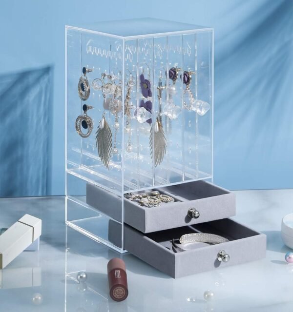 oem/odm sooyee acrylic earring holder and jewelry organizer with 5 drawers,dustproof jewelry stand rack display classic for necklaces bracelet earrings and ring,clear wholesale supplier & factory