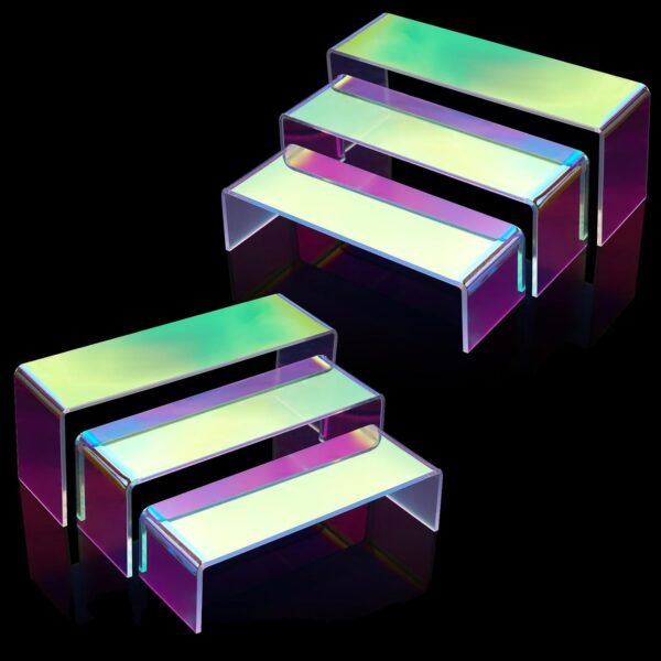 oem/odm iridescent risers display stands, 6 pcs acrylic display stand, rainbow rectangle risers shelf, colorful retail vendor showcase stands for perfume jewelry purse figure collectibles food buffet wholesale supplier & factory