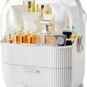 oem/odm makeup organizer with transparent lid & 2 drawers – large capacity cosmetic skincare storage box for bathroom vanity, countertop, bedroom – portable and dustproof, white (11"x7"x14") wholesale supplier & factory