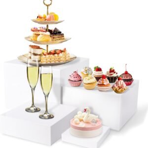 oem/odm buffet risers white food risers for buffet table, acrylic food display stand shelf for catering dessert party decor, square cube display base with hollow bottoms, 4 pcs 5" 6" 7" 8" wholesale supplier & factory