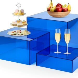 oem/odm blue buffet risers, 3pcs acrylic boxes display risers food risers for buffet table display riser for platter parties weddings catering dessert collectibles figures show ( 6''x7''x8'') wholesale supplier & factory