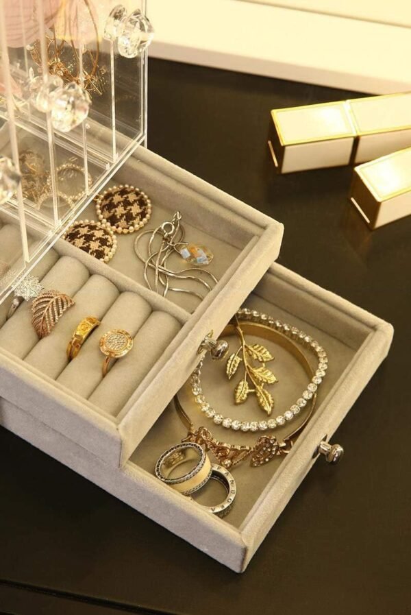 oem/odm sooyee acrylic earring holder and jewelry organizer with 5 drawers,dustproof jewelry stand rack display classic for necklaces bracelet earrings and ring,clear wholesale supplier & factory