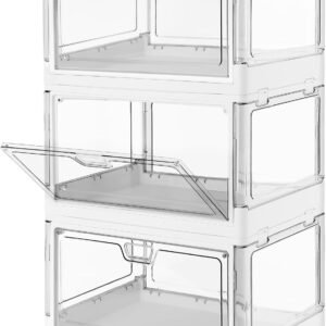 oem/odm 3-pack clear stackable storage bins with lids magnetic doors open front foldable folding plastic craft containers large closet organizers box for bedrooms living rooms study kids' toys 24 qt wholesale supplier & factory