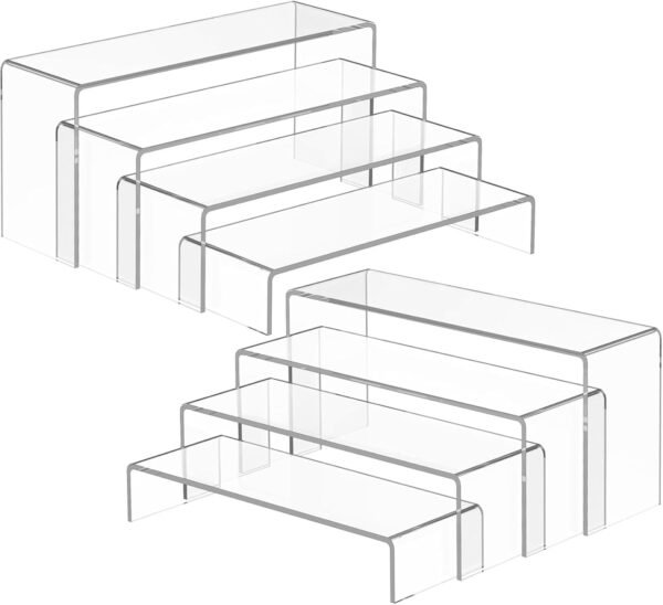 oem/odm maxgear 8 pcs 2 sets acrylic display risers, 8",8",9",9", 4 tier clear plastic rectangle display stand shelf for figures, desserts, perfume, cupcakes, strong support riser for retail, jewelry, shoes wholesale supplier & factory