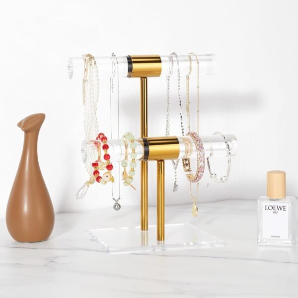 oem/odm necklace holder bracelet holder, 2-tier acrylic jewelry display stand gold jewelry tower stand crystal t bar jewelry organizer gift for women(2-tier 1pc) wholesale supplier & factory