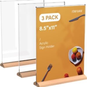 oem/odm 3 pack acrylic sign holder, 8.5 x 11 inches clear acrylic frames with wood base, double sided plastic brochure display stands for flyer, menu, office, wedding, restaurants, hotels wholesale supplier & factory