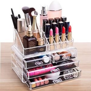 oem/odm cq acrylic clear makeup organizer and storage stackable skin care cosmetic display case with 4 drawers make up stands for jewelry hair accessories beauty skincare product organizing,set of 2 wholesale supplier & factory