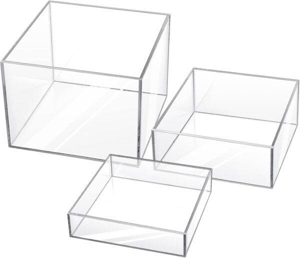 oem/odm set of 3 acrylic display risers acrylic boxes acrylic display nesting cubes 5 sided with hollow bottoms display stand shelf for comestic food collectibles jewelry figures show (clear) wholesale supplier & factory
