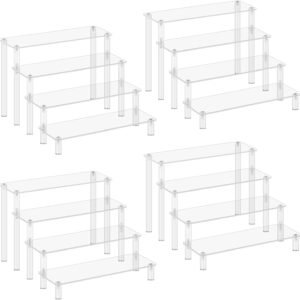 oem/odm 4 pack 4 tier acrylic display risers, clear perfume organizer stand, cupcake food stand holder, shelf risers for pop figures, dessert shelves for party table, vanity tray, room decorations and organization wholesale supplier & factory