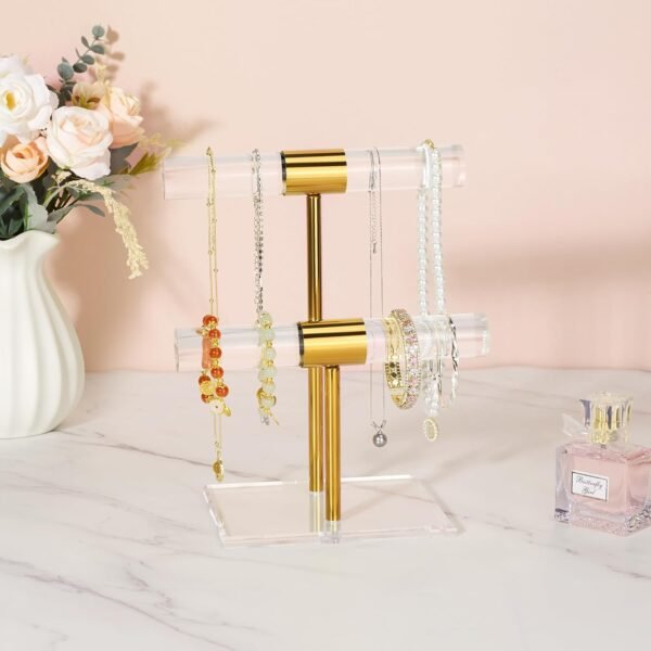 oem/odm necklace holder bracelet holder, 2-tier acrylic jewelry display stand gold jewelry tower stand crystal t bar jewelry organizer gift for women(2-tier 1pc) wholesale supplier & factory