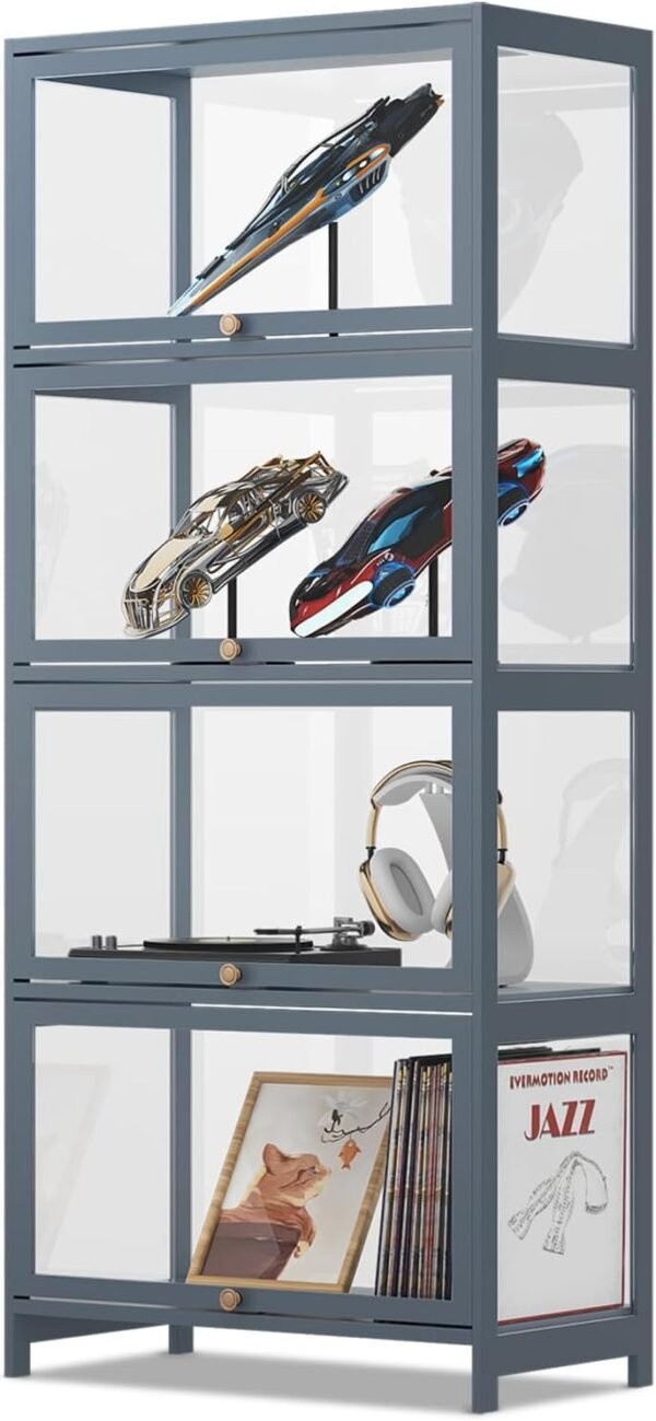 oem/odm curio display cabinet with acrylic doors, 4-tier clear display case 55” hight display shelf for trophy figures curio collectibles for living room bedroom, grey wholesale supplier & factory