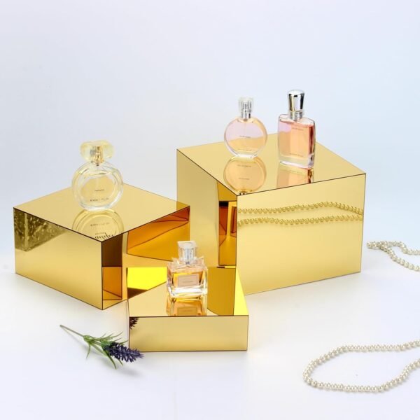oem/odm 3 pcs acrylic display nesting riser stands, mirror gold acrylic risers for display cube box stereoscopic display stand, acrylic food display risers for catering dessert jewelry character party wholesale supplier & factory
