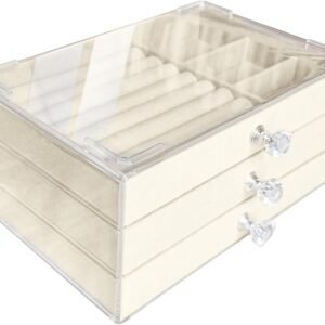 oem/odm clear acrylic velvet jewelry organizer with 3 drawers, stackable display storage earrings necklace rings bracelets box holder case for women, beige wholesale supplier & factory